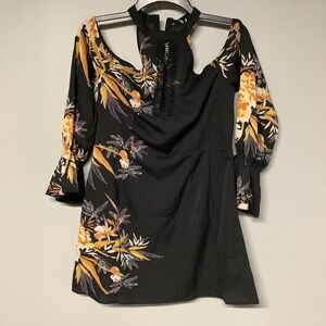 Yoins Shoulderless Black & Yellow Floral Top Long Sleeve Womens Size Medium